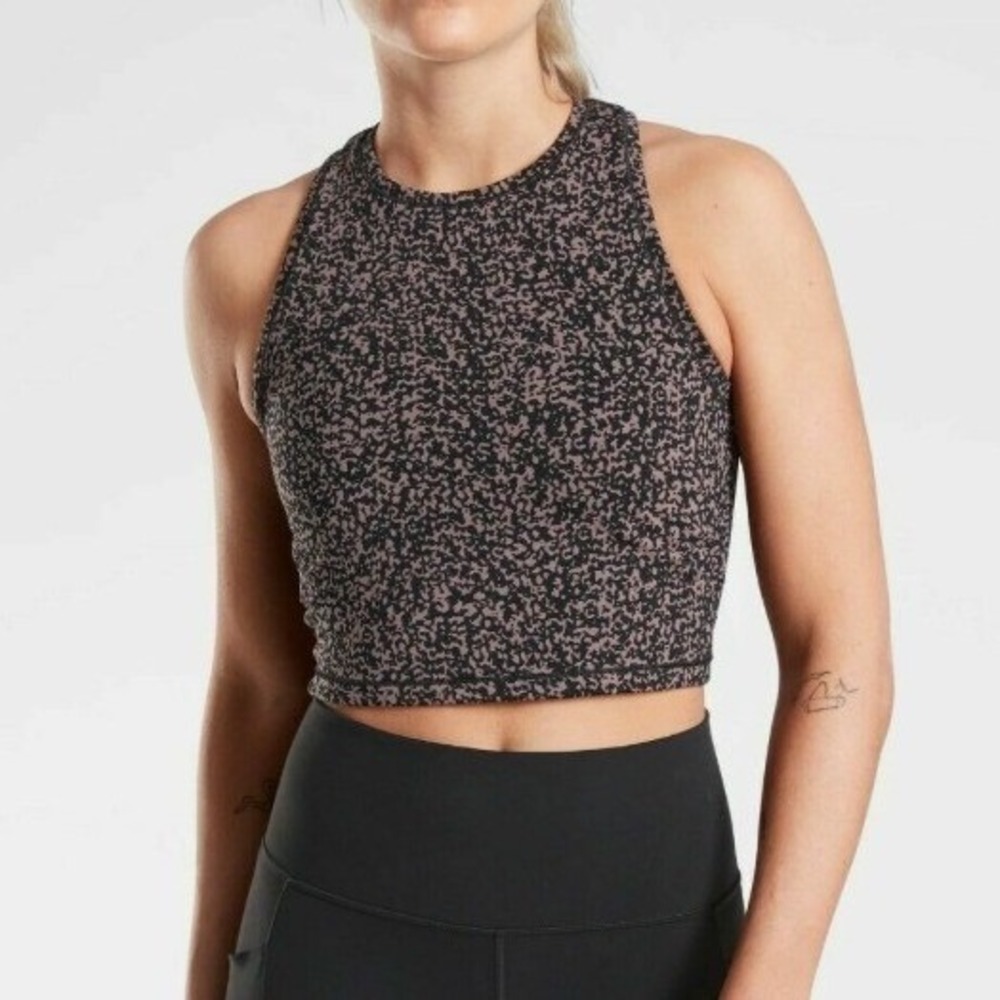 Athleta Women's Shanti Crop Jacquard Tank MP Black Mauve Yoga Run Pilates Barre